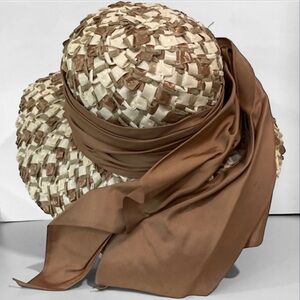 Vincent Hahnik Woven Straw Hat with Satin Ribbon Elegant Beige and Brown